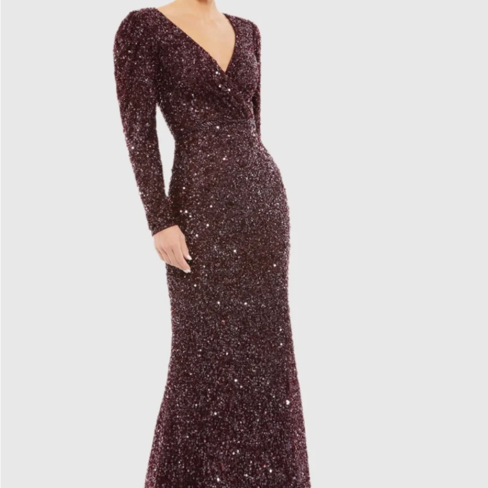 Mac Duggal Deep Wine Sequin Long Sleeve Dress